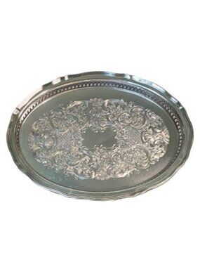 Vintage Oneida Silverplate Oval Gallery Serving Tray Ornate Pierced Edge w/ Box